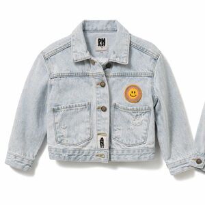 PH Play Girls Light Wash Denim Jacket Smiley Face Patch Distressed Size 4